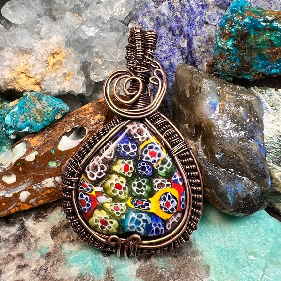 Hand Crafted Jewelry - Ceramic wire wrapped floral pendant (Z-6)